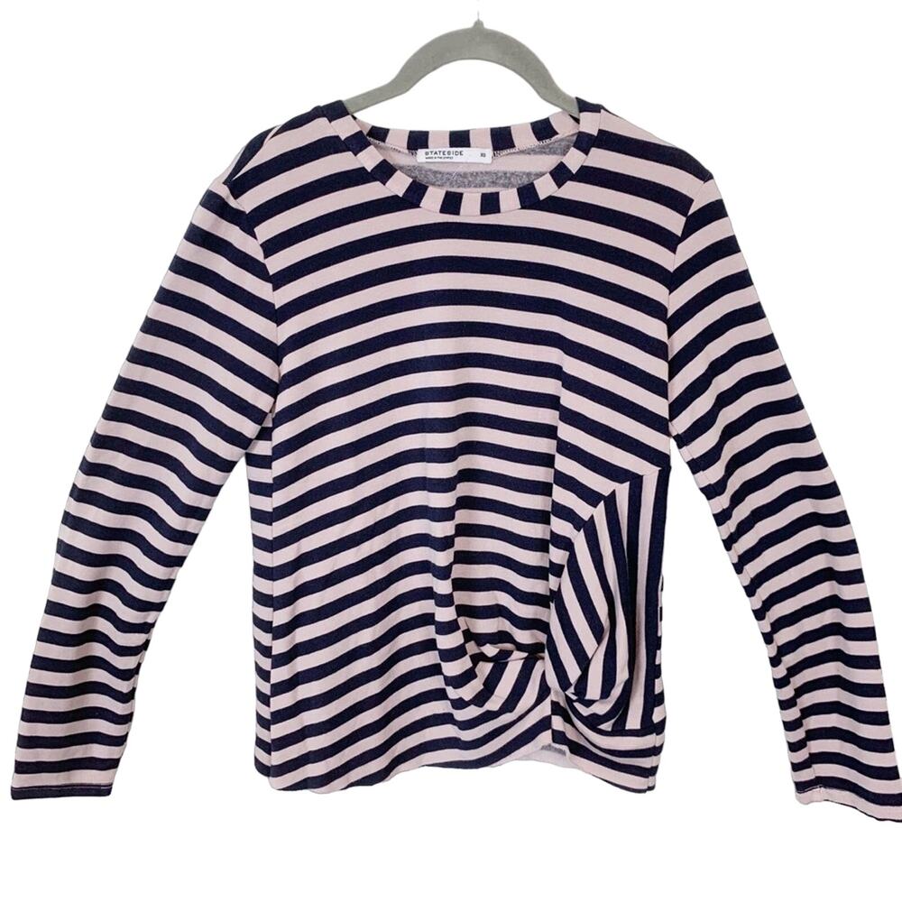 Stateside Shirt Top Size XS Women Pink Black Stripe Twist Front Light Fleece